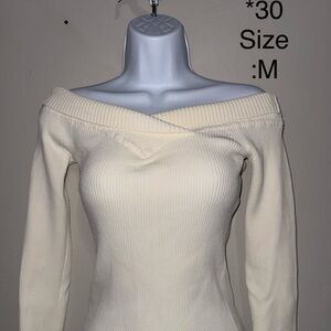 Off-Shoulder Ribbed Sweater- Cream